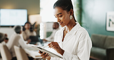 Buy stock photo Tablet, reading and business woman for schedule, planning and project management in office. Meeting, female person and brainstorming with tech for company event, agenda ideas or tasks proposal