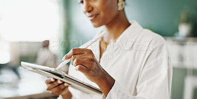 Buy stock photo Online, writing and hands with tablet, office and risk assessment for investment opportunity on web. Financial advisor, scroll and person with stylus for wealth management, info and project with tech