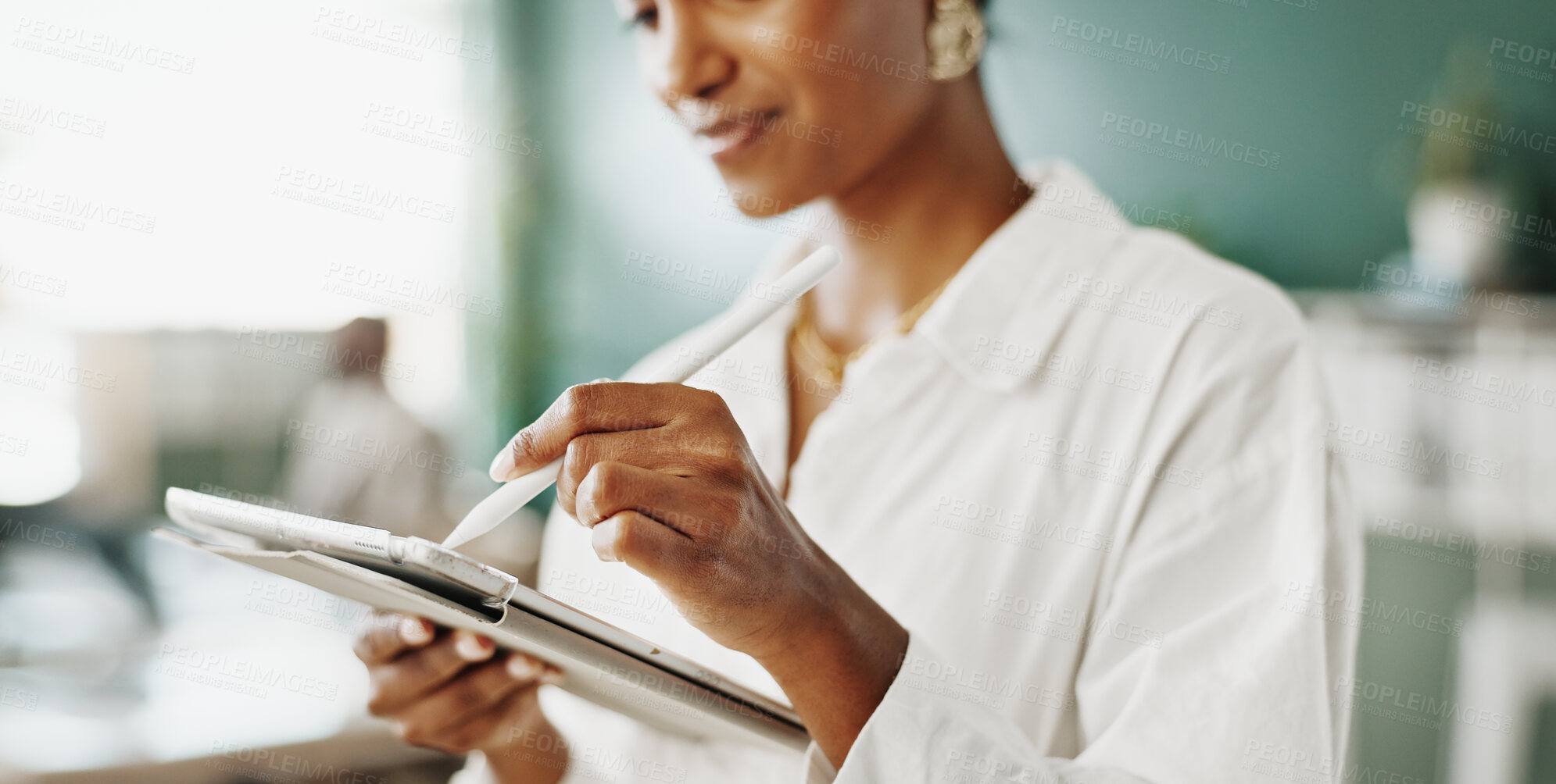 Buy stock photo Online, writing and hands with tablet, office and risk assessment for investment opportunity on web. Financial advisor, scroll and person with stylus for wealth management, info and project with tech