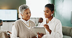 Tablet, research and business people in office with conversation, financial planning or manager review. Women, discussion and browse in workplace with tech, collaboration or advice for finance audit.