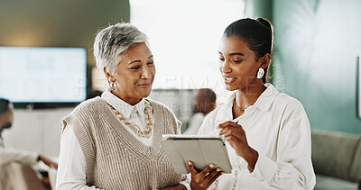 Buy stock photo Tablet, research and business people in office with conversation, financial planning or manager review. Women, discussion and browse in workplace with tech, collaboration or advice for finance audit.