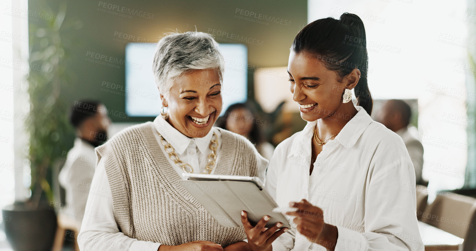 Buy stock photo Tablet, discussion and business women for schedule, planning and project management in office. Collaboration, team and brainstorming with technology for company event, agenda ideas or tasks proposal