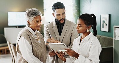 Buy stock photo Designer, review or team in office with tablet, style ideas or draft feedback in creative process. Collaboration, people or fashion director with tech, catalog development or trend insight in agency.