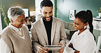 Happy, talking and business people in meeting, tablet for sales info and planning for website launch. Positive feedback, man and woman in office, discussion and review for online subscription and app