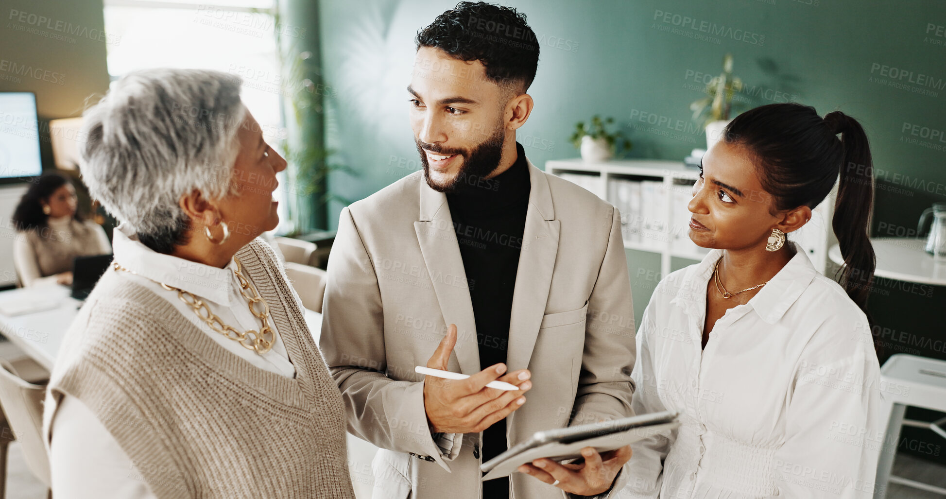 Buy stock photo Fashion, review or team in office with tablet, style ideas or draft feedback in creative process. Collaboration, people or design manager with tech, catalog development or trend insight in agency.