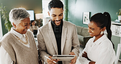 Buy stock photo Meeting, smile or business people in office, tablet for sales info or review for social media campaign. Website launch, man or woman in workplace, conversation or tech for subscription or cooperation