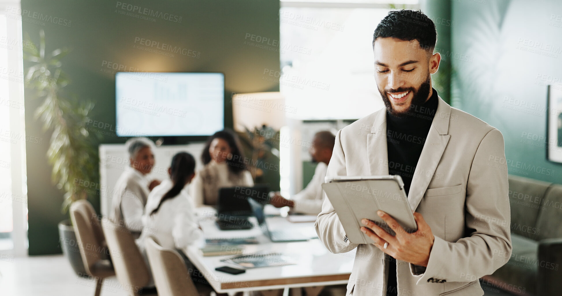 Buy stock photo Businessman, smile and tablet for schedule, planning and project management in office. Meeting, male person and brainstorming with technology for company event, agenda ideas or tasks proposal