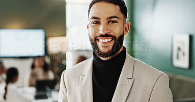 Buy stock photo Portrait, business and happy man in office as corporate lawyer, about us and career opportunity. Smile, professional and confident attorney, legal expert and consultant for justice in meeting