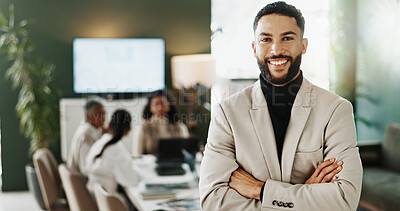 Buy stock photo Arms crossed, boardroom and portrait of business man in office for management of financial company. Confidence, finance and meeting with happy person in corporate workplace for investment banking