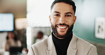 Buy stock photo Portrait, business and happy man in office, about us and corporate lawyer with career opportunity. Smile, professional and confident attorney, legal expert and consultant coworking for justice