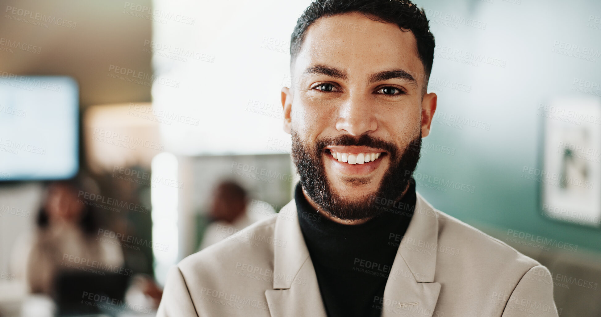 Buy stock photo Portrait, business and happy man in office, about us and corporate lawyer with career opportunity. Smile, professional and confident attorney, legal expert and consultant coworking for justice
