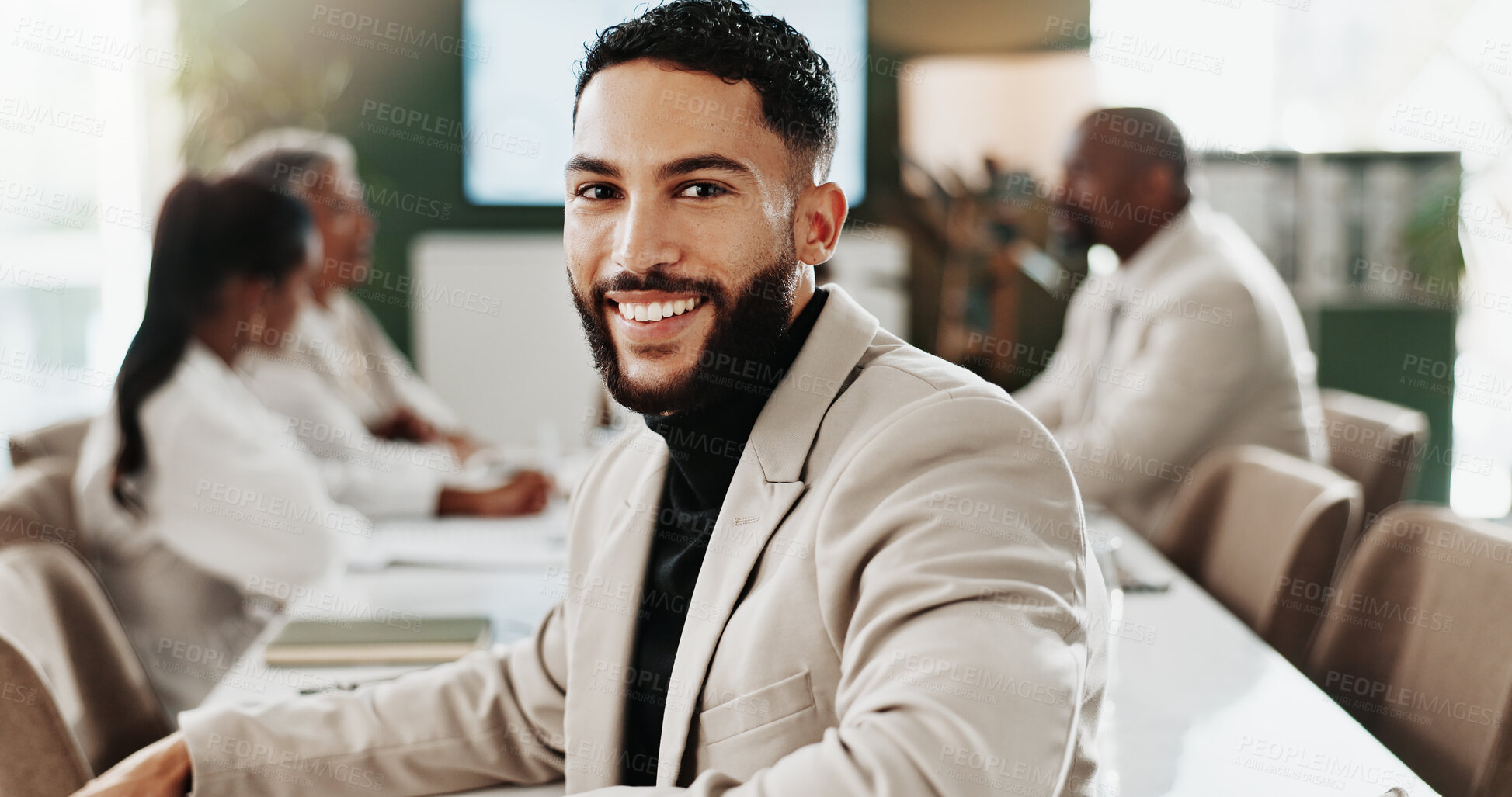 Buy stock photo Boardroom, portrait and smile of business man in office for collaboration, finance or meeting. Confidence, happy and teamwork with corporate person in financial workplace for investment banking