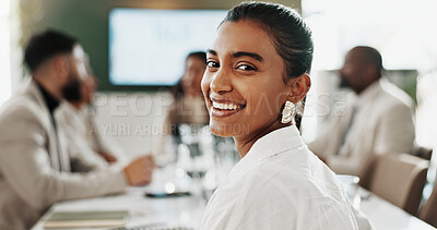 Buy stock photo Portrait, business and happy woman in office for meeting, law development and opportunity. Smile, about us and confident attorney, legal expert and professional consultant in company for justice