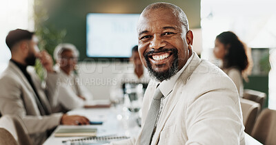 Buy stock photo Meeting, portrait and smile of business man in office for management of financial company. Boardroom, development and finance with mature person in corporate workplace for investment banking