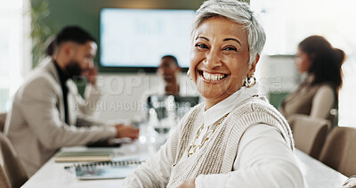 Buy stock photo Meeting, portrait and smile of business woman in office for management of financial company. Boardroom, development and finance with mature person in corporate workplace for investment banking