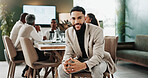Business, portrait and smile of financial man in office boardroom for development or meeting. About us, confidence and finance with happy employee in corporate workplace for wealth management