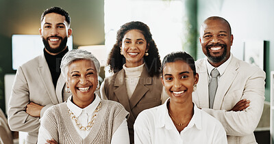 Buy stock photo Realtor, portrait or team in office with smile, pride or ambition in property management. Collaboration, people or real estate staff in agency with confidence, about us or diversity in housing market