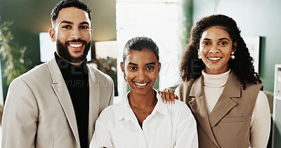 Buy stock photo Realtor, portrait or team in office with solidarity, career pride or ambition in property management. Collaboration, people or real estate staff with synergy, about us or diversity in housing market.