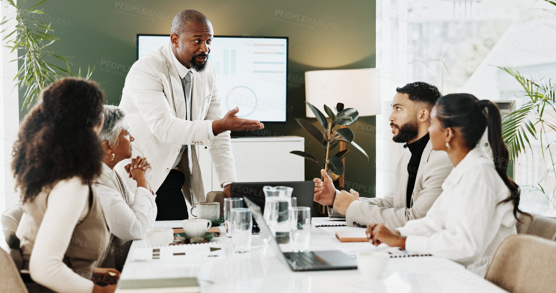 Buy stock photo Business people, discussion and meeting for schedule, planning and project management in office. Presentation, team and brainstorming with technology for company event, agenda ideas or tasks proposal