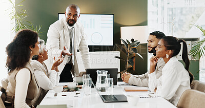 Buy stock photo Business people, presentation and meeting for schedule, planning and project management in office. Discussion, team and brainstorming with technology for company event, agenda ideas or tasks proposal
