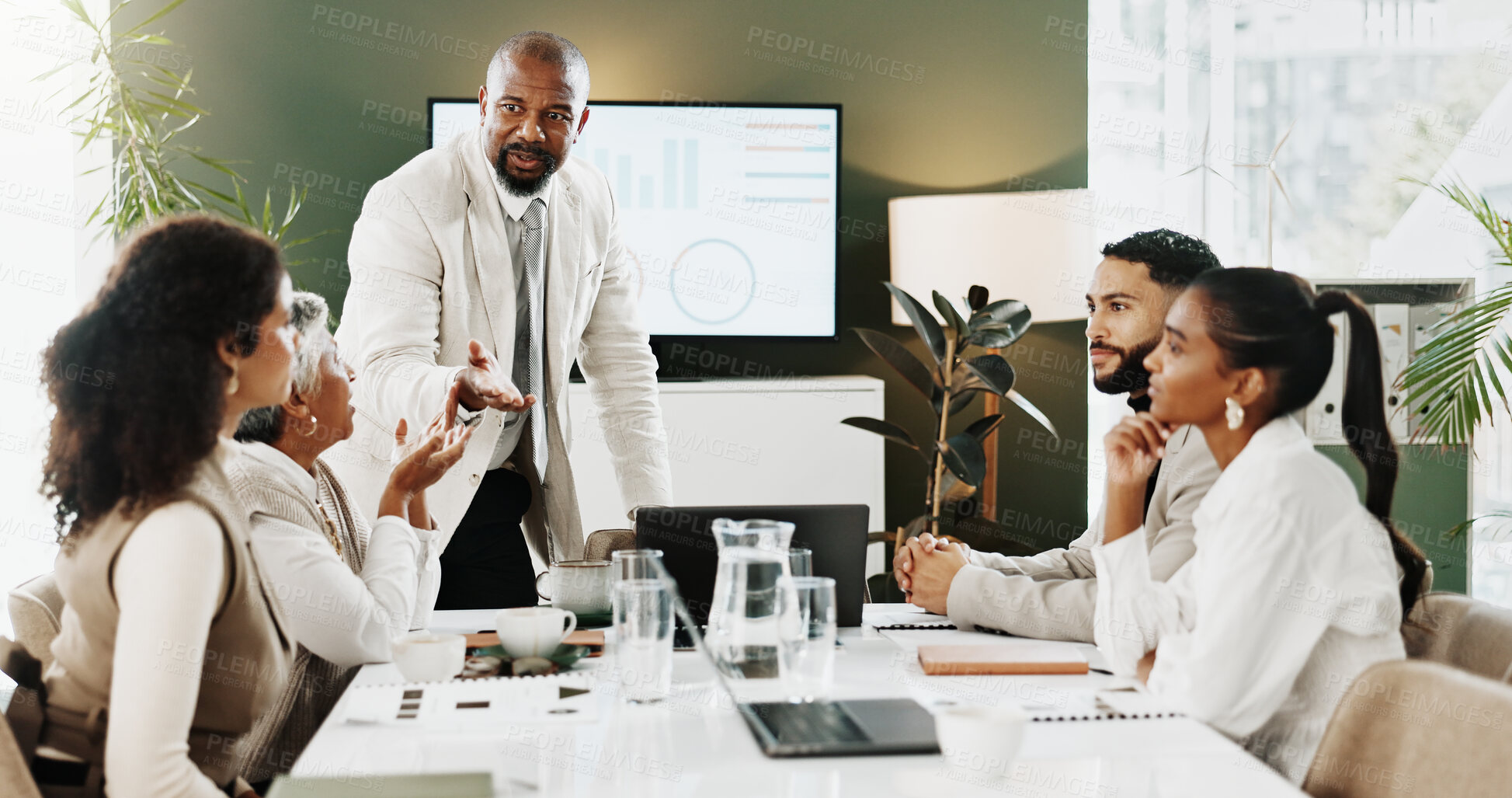 Buy stock photo Business people, presentation and meeting for schedule, planning and project management in office. Discussion, team and brainstorming with technology for company event, agenda ideas or tasks proposal