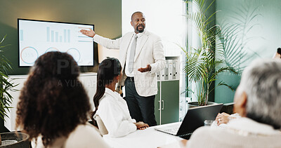 Buy stock photo Financial, presentation and business people in office with discussion, data analysis and company audit. Team, meeting and conversation in workplace with finance stats, performance review and graphs.