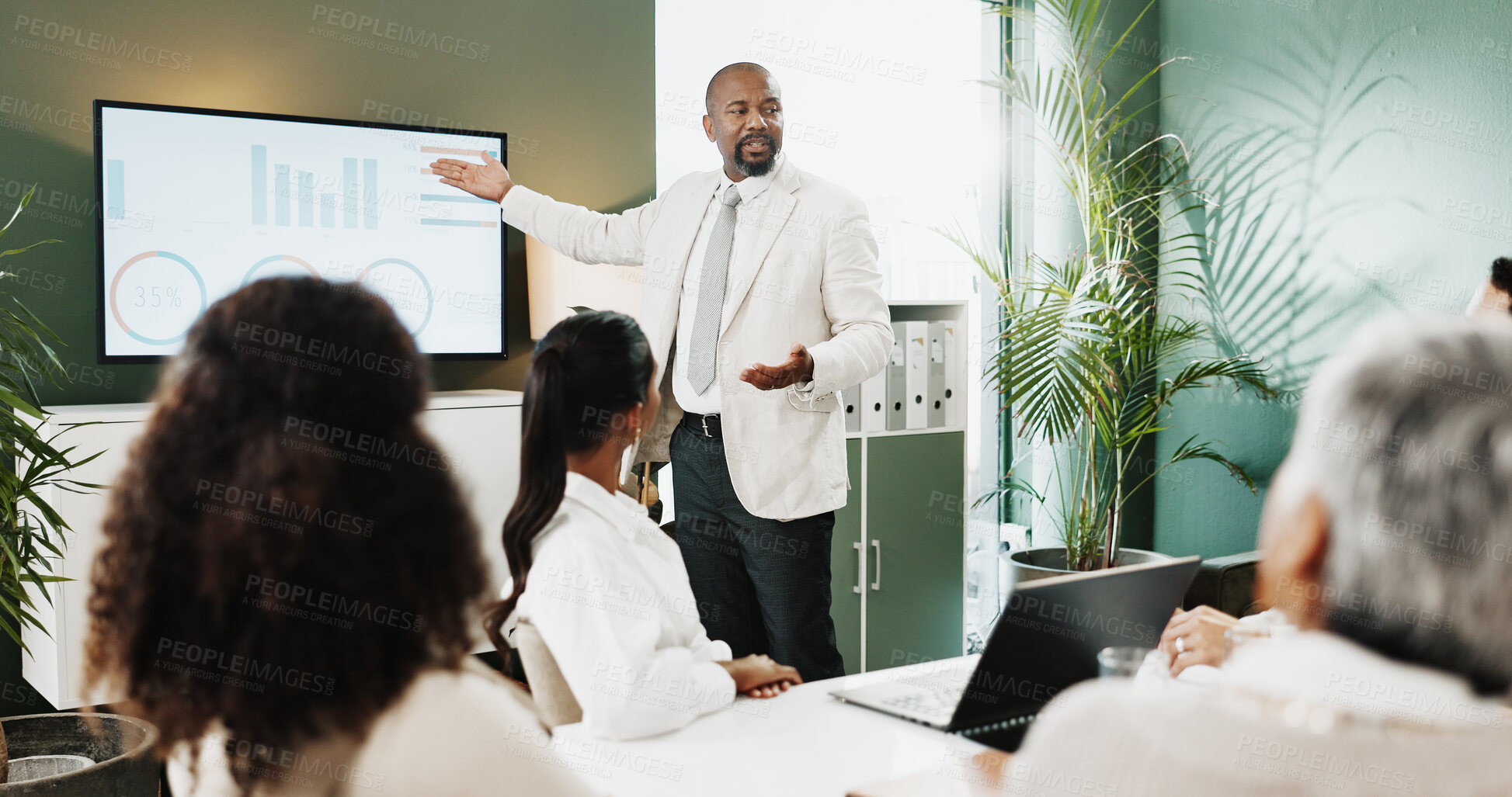 Buy stock photo Financial, presentation and business people in office with discussion, data analysis and company audit. Team, meeting and conversation in workplace with finance stats, performance review and graphs.