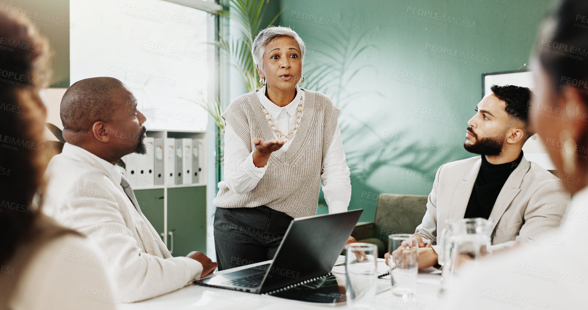 Buy stock photo Laptop, presentation and business woman for schedule, planning or project management in office. Collaboration, team and brainstorming with technology for company event, agenda ideas or tasks proposal