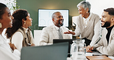 Buy stock photo Laptop, meeting and business people in office with smile, data analysis or good news for finance growth. Happy, team and talk with computer, financial statistics and graphs for company improvement.