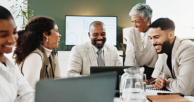 Buy stock photo Investor, laptop and business people in meeting, smile and celebration for profit increase. Financial advisor, men or women in office, pc and email for investment deal, success or trading opportunity
