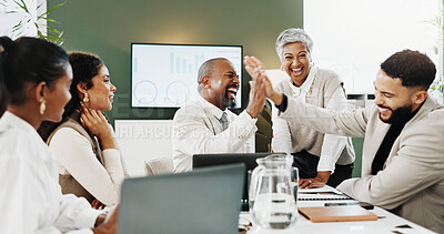 Buy stock photo Man, team and high five for celebration at office meeting with smile, support or goal at media company. People, group and motivation for journalist with achievement, excited and success at agency