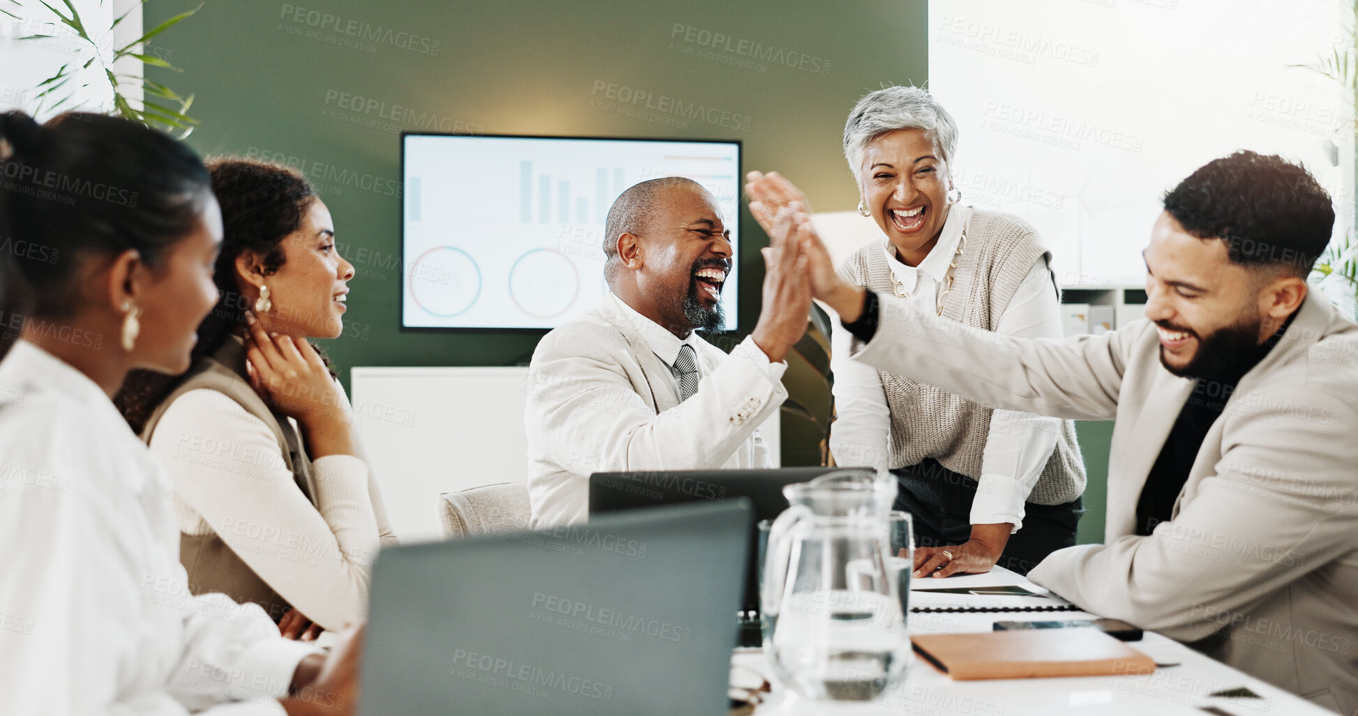 Buy stock photo Man, team and high five for celebration at office meeting with smile, support or goal at media company. People, group and motivation for journalist with achievement, excited and success at agency