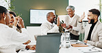 High five, meeting and business people in office with teamwork, collaboration or investment approval. Happy, celebration and group of finance advisors with good news on finance report in workplace.