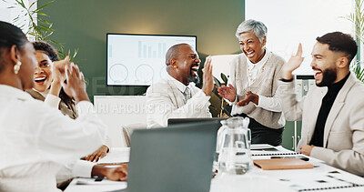 Buy stock photo High five, meeting and business people in office with teamwork, collaboration or investment approval. Happy, celebration and group of financial advisors with good news on finance report in workplace.