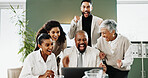Laptop, business people and celebration with team for win, investment profit and fist pump. Computer, excited group and victory in workplace with financial reward, success and applause with surprise