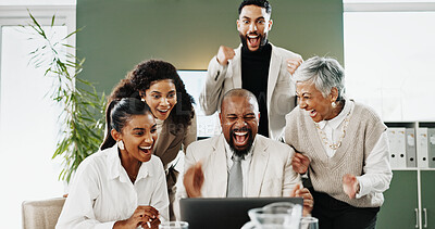 Buy stock photo Laptop, business people and celebration with team for win, investment profit and fist pump. Computer, excited group and victory in workplace with financial reward, success and applause with surprise