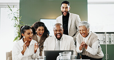 Buy stock photo Laptop, business people and celebration with group for win, investment profit and fist pump. Computer, excited team and victory in workplace with financial reward, success and applause with surprise