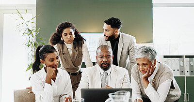 Buy stock photo Finance, laptop and stress with business people in office together for debt or problem solving. Collaboration, computer and financial loss with investment team in workplace for stock market crash