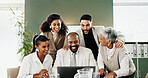 Celebration, laptop and business people in office, creative agency and approval for online submission. Journalist, men and women in meeting, pc and increase for website subscription, smile or success