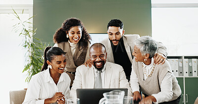 Buy stock photo Excited, laptop and business people in office, creative agency and approval for online submission. Journalist, men and women in meeting, pc and increase for website subscription, smile or success