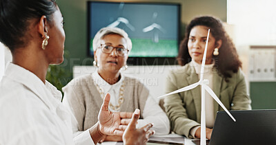 Buy stock photo Wind turbine, team and business woman with idea for eco friendly project, clean energy or feedback. Group, pitch proposal and planning in office for sustainability, windmill development or meeting
