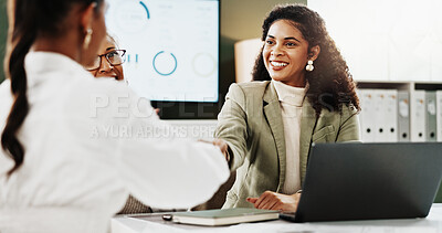 Buy stock photo Handshake, contract and business women in office for partnership, deal or finance agreement. Meeting, shaking hands and financial manager with investor for investment collaboration in workplace.