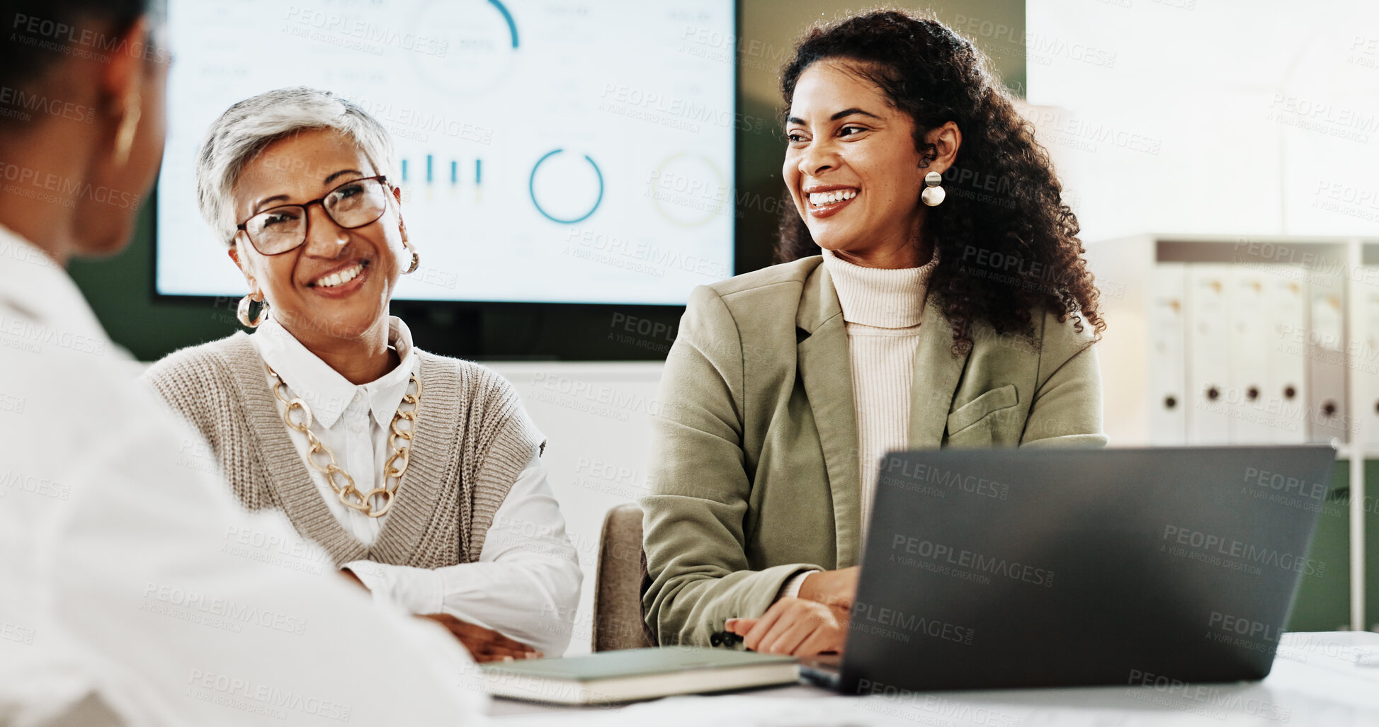 Buy stock photo Happy people, meeting and laughing with laptop for performance review or discussion in office. Group, employees or colleagues with smile for company strategy, team ideas or collaboration in workplace