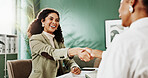 Happy, business people and meeting with handshake for interview, discussion or deal in office. Employees, colleagues or shaking hands with smile for job hiring, recruiting or onboarding opportunity