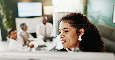 Buy stock photo Presentation, teaching and woman with staff in boardroom, business seminar and corporate training. Skill development workshop, finance coaching or speaker with people in meeting, whiteboard or smile