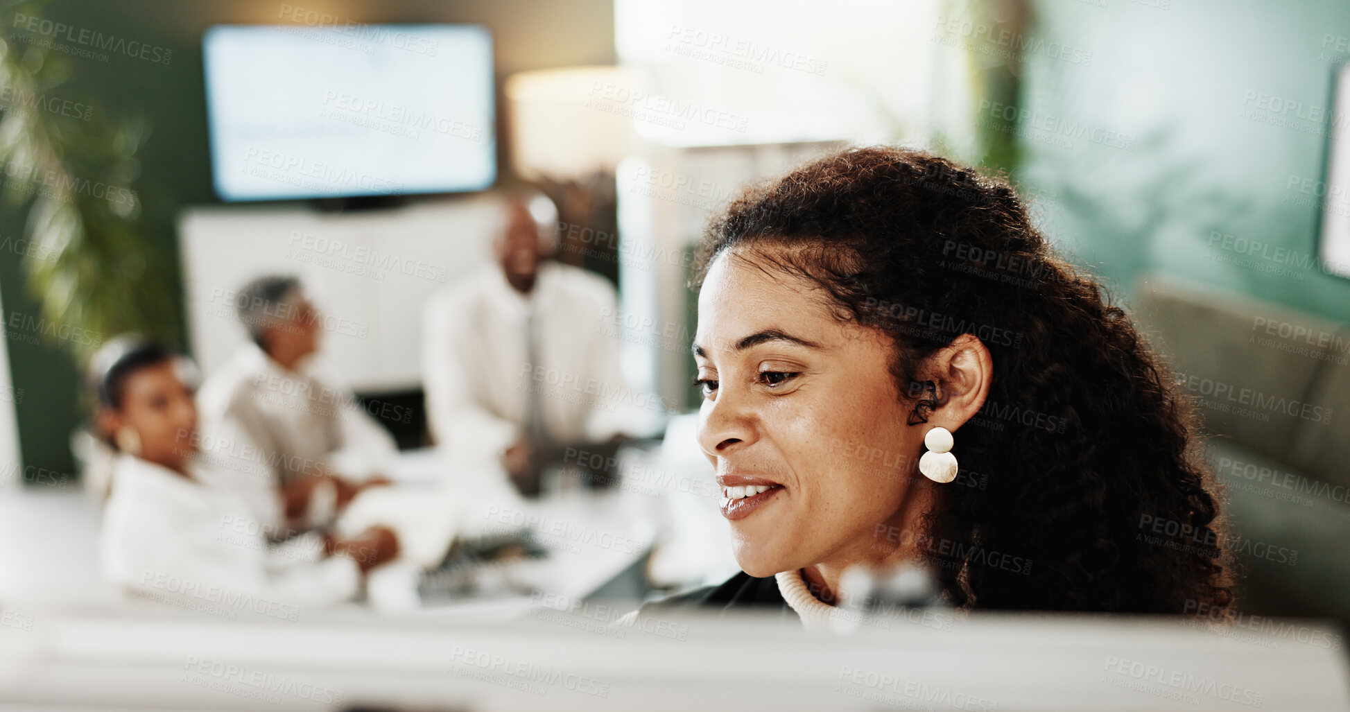 Buy stock photo Presentation, teaching and woman with staff in boardroom, business seminar and corporate training. Skill development workshop, finance coaching or speaker with people in meeting, whiteboard or smile