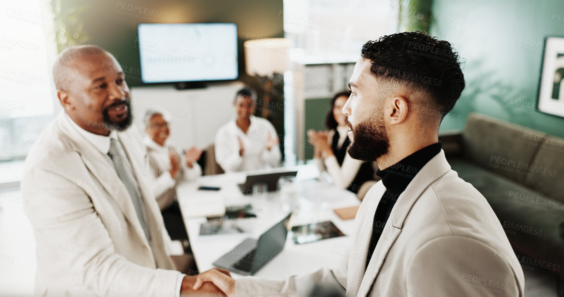 Buy stock photo Business people, meeting and handshake with team applause for promotion, nomination or deal. Businessmen, employees or colleagues shaking hands with smile for b2b, bonus or partnership in workplace