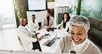 Woman, board and presentation with team at office meeting with planning, review or notes at media company. Mature person, journalist and smile for feedback, solution and project management at agency