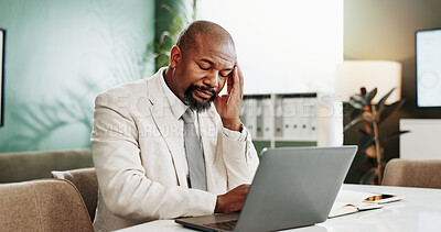 Buy stock photo Black man, laptop and stress with headache in office for corporate administration or backlog. Frustrated, mature businessman and computer with migraine for mistake, deadline or fatigue in workplace