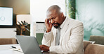 Headache, laptop and stress with business black man in office for debt or financial burnout. Anxiety, audit and computer with mature African employee in finance workplace for brain fog or migraine